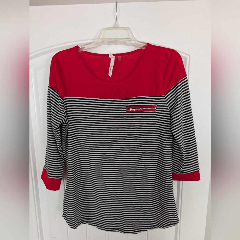 Red and Black Striped Top with Zipper Detail
